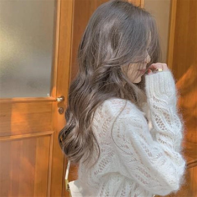 Deeptown Hollow Out Knitted Cardigan Sweater Women Oversize Solid Sexy Long Sleeve Knitwear Coats Single Breasted Pearl Buttons