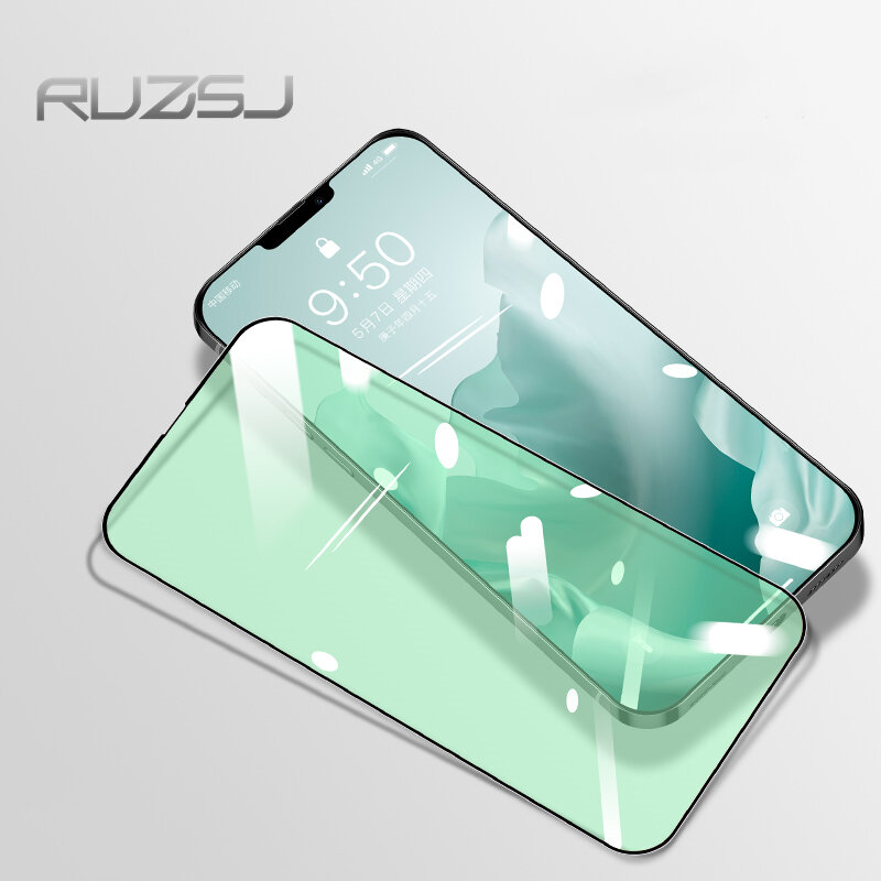 Ruzsj-iPhone用スクリーンプロテクター,モデル13 pro max,目の保護用,緑色の透明ガラス