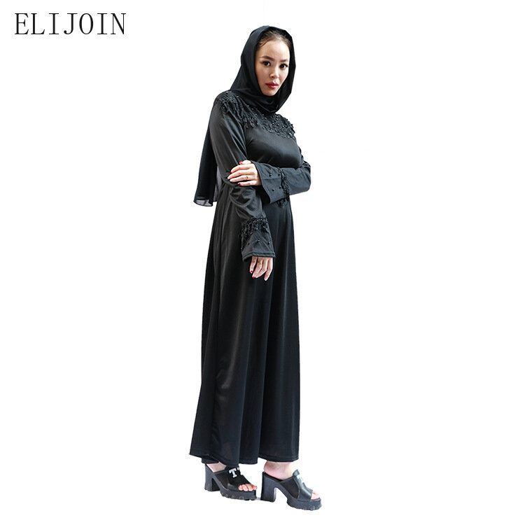 Elimoin Rok Panjang Wanita Gaun Bordir Fashion Warna Solid Rok Jubah Sederhana Muslim Arab