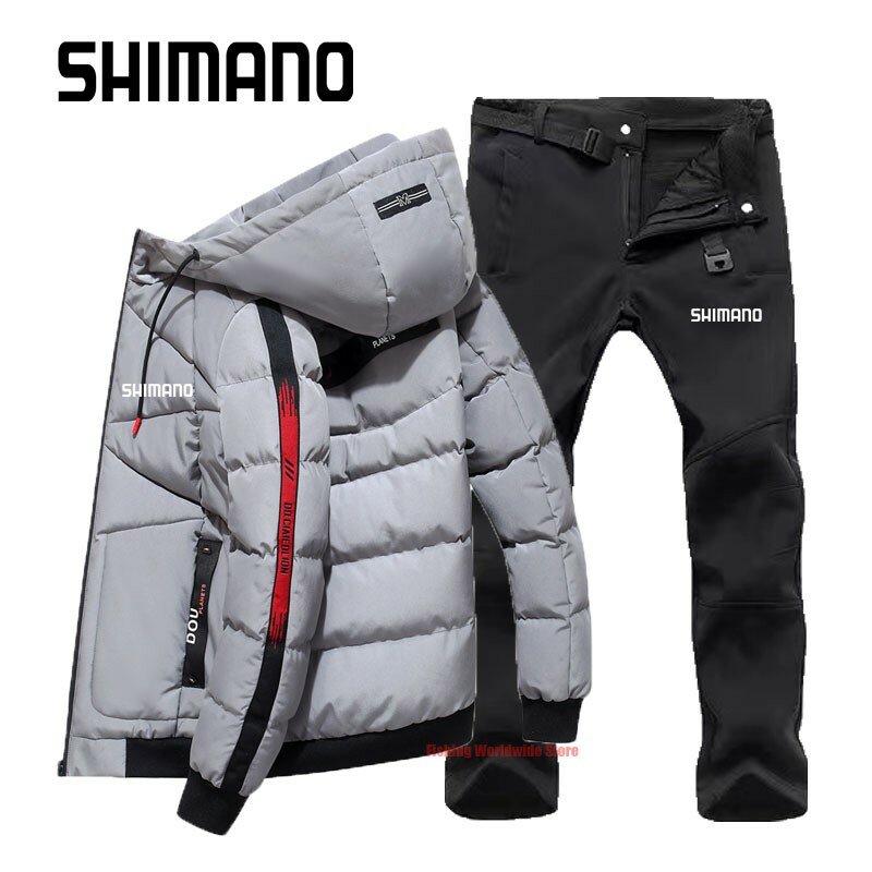 2021 Jaket Pancing Pria Katun Shiminos Baju Pancing Bertudung Tebal Hangat Celana Pancing Bulu Tahan Air Musim Dingin