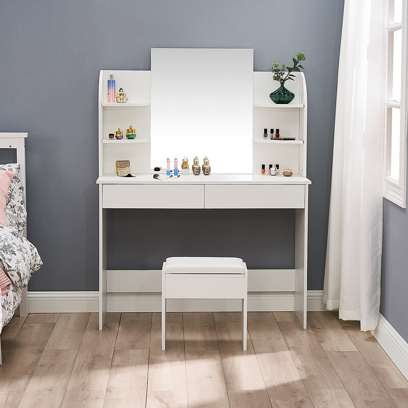 Panana 2 Drawers Dressing Table with stool and Display 4 shelves for Ample Storage Cosmetic Table white