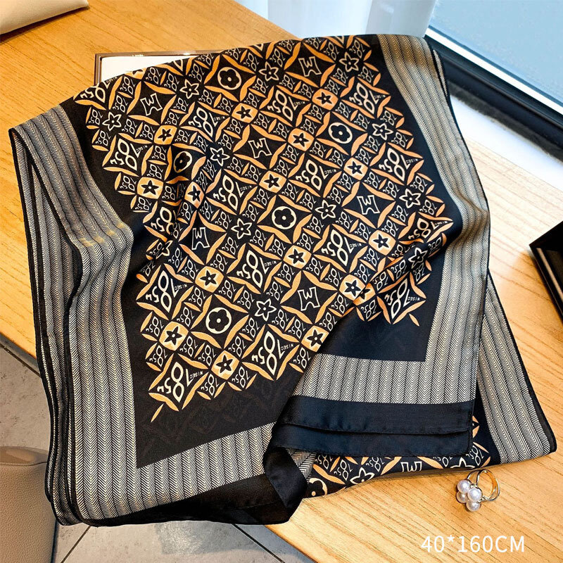 2021 versão coreana da nova imitação de seda moda início do outono decoração cachecol quente retro impresso lenço de seda duplo-uso longo