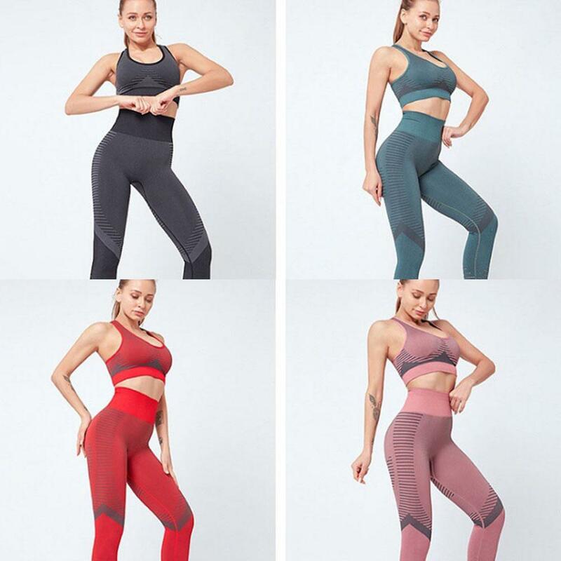 Pakaian Yoga 2 Buah untuk Wanita Pakaian Gym Celana Olahraga Push Up Pinggul Legging Mulus Bra Olahraga Celana Ketat Olahraga