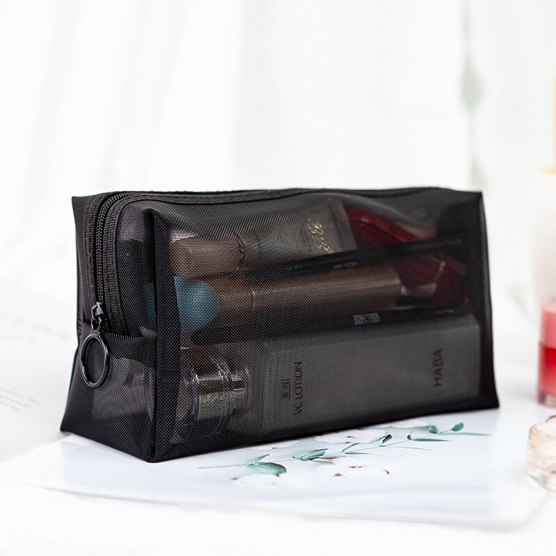 Bolsa de maquillaje negra para mujer, bolsa de aseo transparente, organizador de viaje, bolsa de cosméticos, bolsa de lavado de belleza portátil