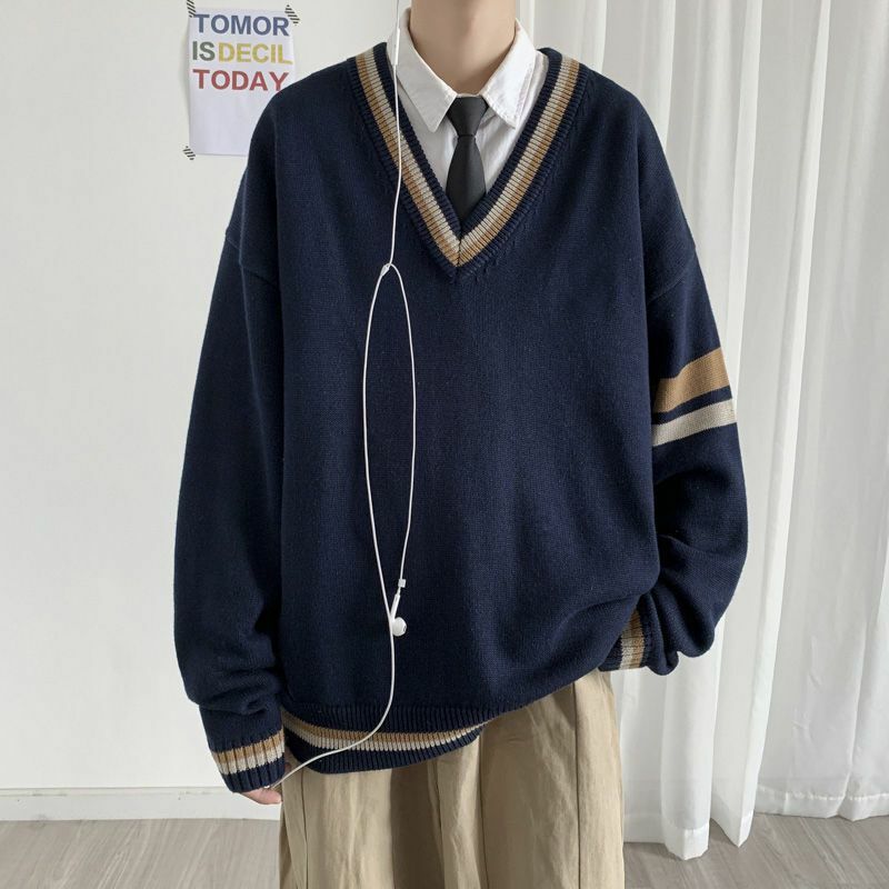 Jersey de manga larga con cuello en V para hombre y mujer, abrigo informal de punto para estudiantes coreanos, para Otoño e Invierno