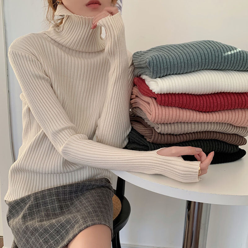 2021 Women Sweater Streetwear Stretchable Pullovers Turtleneck Knitted Long Sleeve Pink Tops Black High Neck Winter Clothing