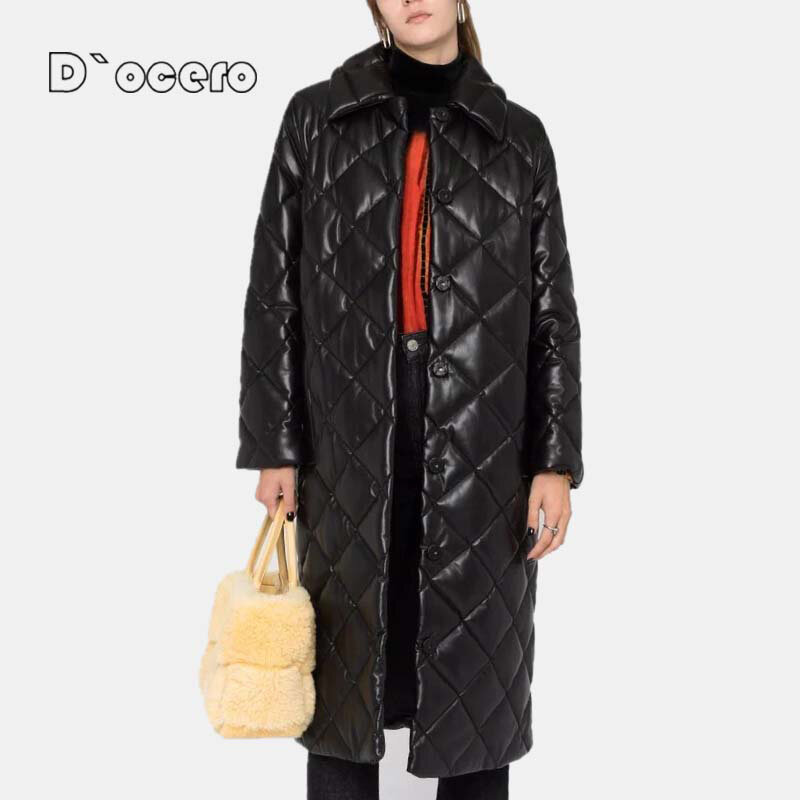 D`OCERO 2021 Winter Faux Leather Jacket Women Long Warm Windproof Cotton Quilted Coat PU Oversized Femme Outerwear Parka