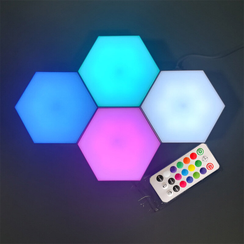 USB TouchรีโมทคอนโทรลLEDที่มีสีสันรังผึ้งQuantum Hexagon WallโคมไฟSensitiveห้องนั่งเล่นห้องนอนDIY Decorสติ๊กเกอร์ติดผนั...