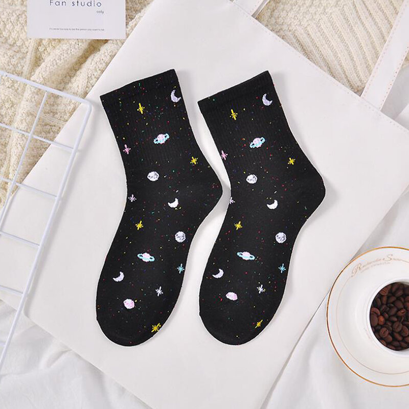 Calcetines de algodón con diseño de cielo estrellado para mujer, medias de tubo, tendencia coreana, cielo estrellado, novedad, calcetines de algodón de mujer