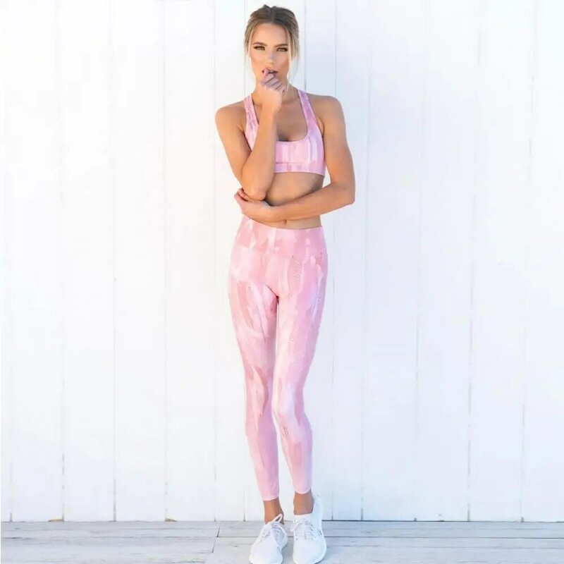 Gravata tintura conjunto de yoga feminino ginásio roupas esportes terno de fitness para mulher tie dye correndo conjunto sem costura agasalho atletismo conjunto rosa ginásio