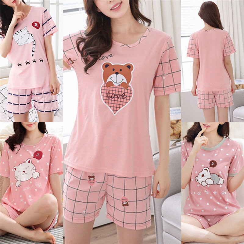 Пижама женская хлопковая с коротким рукавом, Милая Ночная рубашка для молодых девушек, повседневная короткая одежда для сна для дома, M-2XL