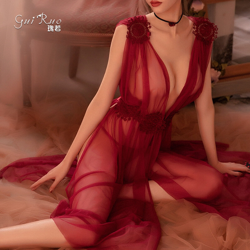 Ropa interior Sexy tentación para mujer, Camisón con tirantes y abertura lateral de encaje, pijama transparente