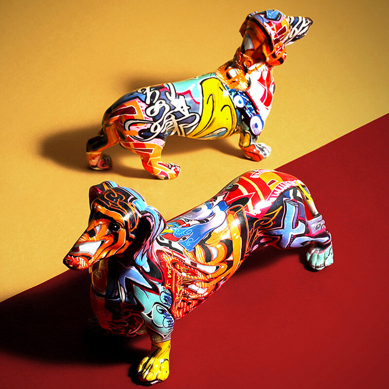 Statue de chien teckel coloré peint créatif, décoration moderne pour la maison, la cave à vin, le bureau, artisanat en résine