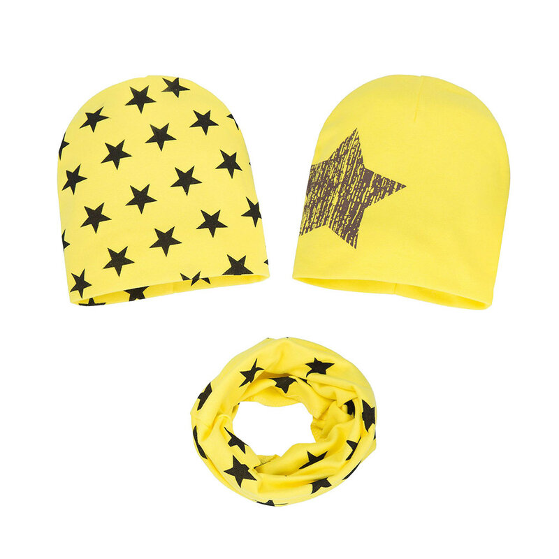 3PC 유아 아기 가을 겨울 모자 모자 별 인쇄 모자 키즈 스카프 칼라 세트 스카프와 비니 모자