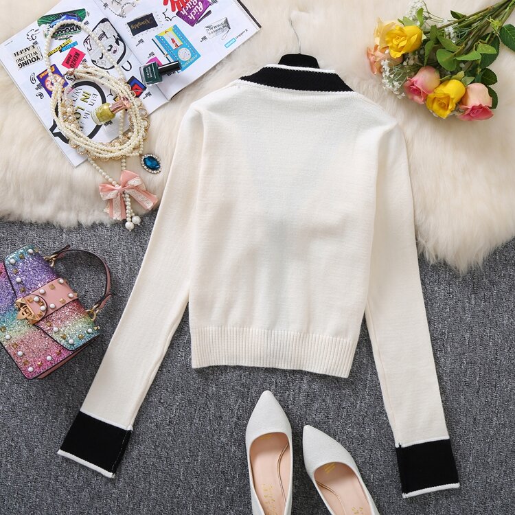 MUMUZI 2021 Новинка весны хит сочетающихся цветов вязанная кофта кардиган пиджак женский короткий дизайн с v-образным вырезом, трикотажная одежд...