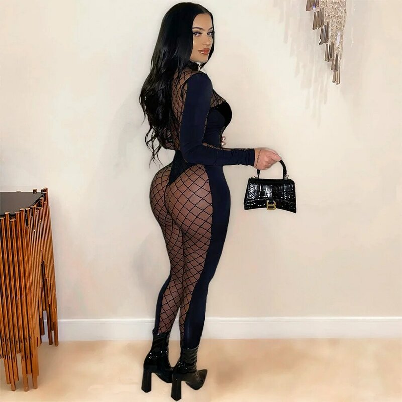 Black Mesh See Through Long Sleeved Jumpsuit Fashionable Sexy Women's High Waist Zipper Tight Trousers 2022 Spring Casual Wear