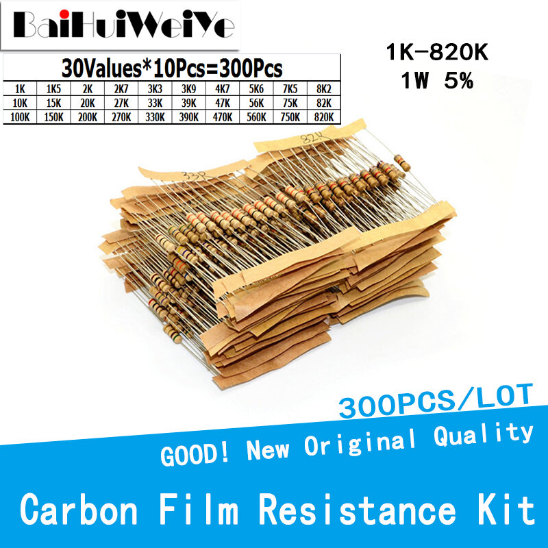 300 pz/lotto 1W 5% Kit resistente al Film di carbonio 30 valori * 10 pezzi da 1K a 820K ohm Set resistente 10K 15K 20K 27K 33K 39K 47K 56K 75K 82K