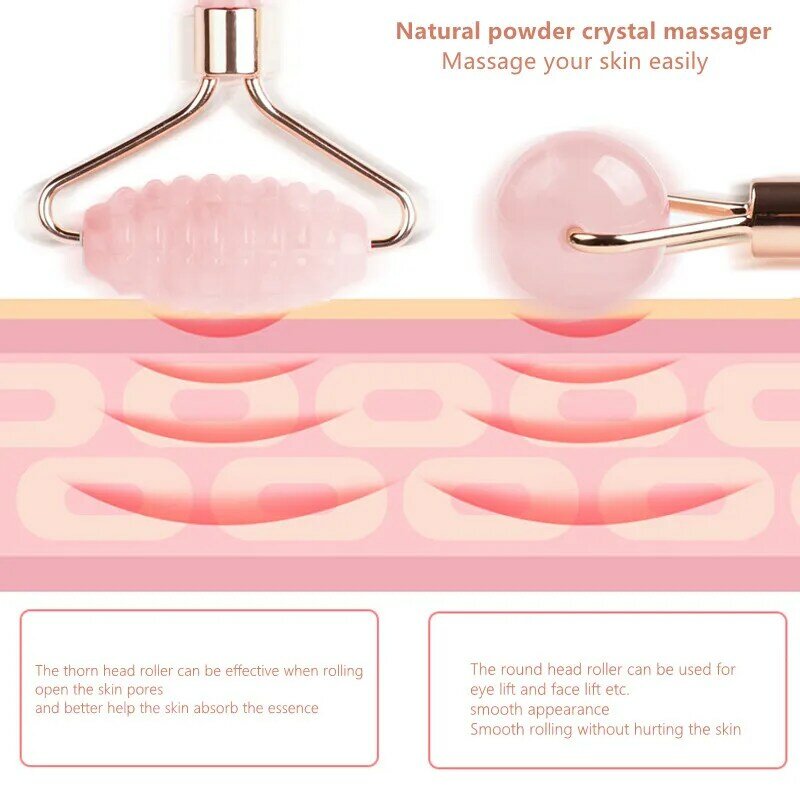 Rolo massageador facial de quartzo rosa, pedra natural 100%, lifting facial, massageador em pó de cristal, ferramenta de cuidados com a pele