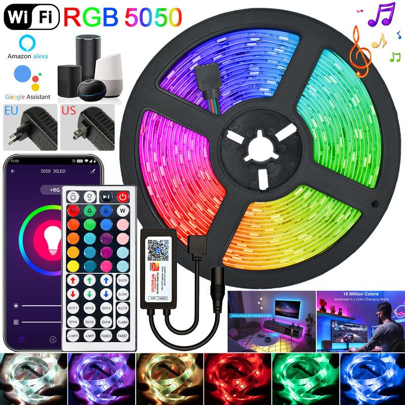 RGB 5050 블루투스 와이파이 제어 LED 스트립 조명, TV 컴퓨터 침실 홀리데이 파티, 알렉사 구글 지원, 피타 16.4-65.6 피트