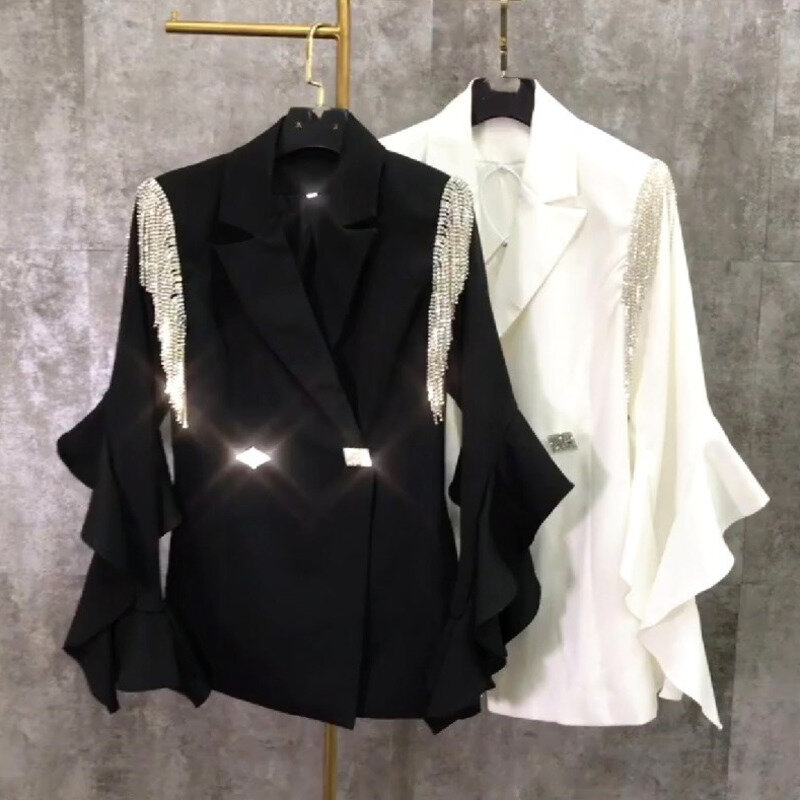 Spring Women Jacket Ruffle Sleeve Beading Blazer Loose Female Ladies Office Coat Fringe Rhinestone Suits Outwear Ropa De Mujer