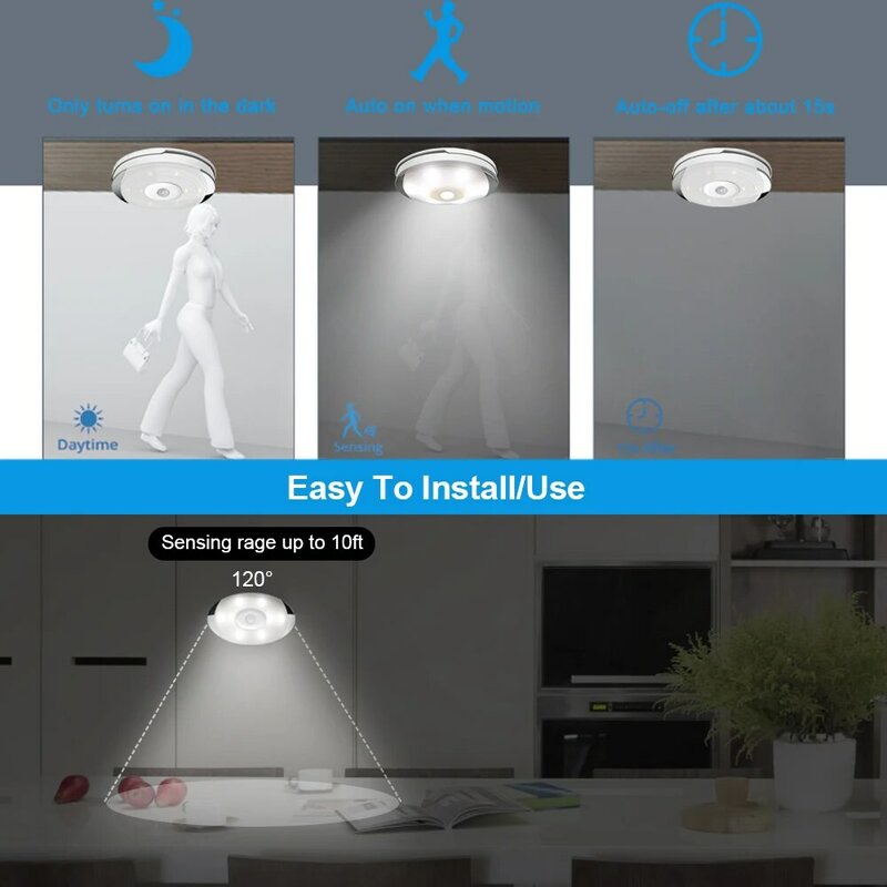 مصباح LED مع مستشعر حركة PIR ، يعمل بالبطارية ، مصباح ليلي للخزانة ، الخزانة ، الخزانة ، الخزانة ، الإضاءة البيضاء الدافئة للمطبخ