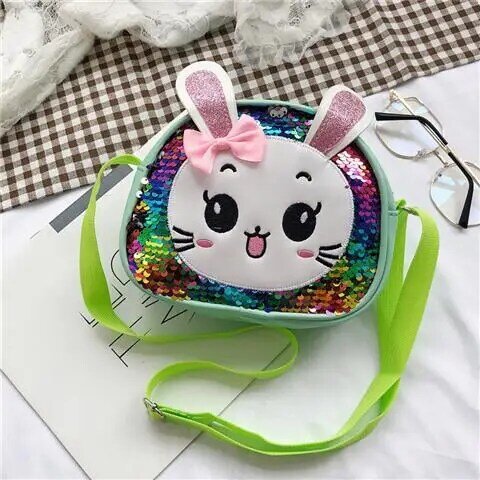 Lovely Bunny Children's Crossbody Bags Fashion Sequins Bow Baby Girls Cute Coin Purse Cartoon Kids One Shoulder Bag Small Wallet