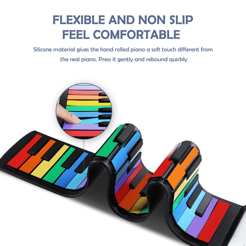 Portable 49 Keys Silicone Roll-Up Piano USB 3.5mm Jack Hand Electronic Organ Built-in Speaker for Kids Children