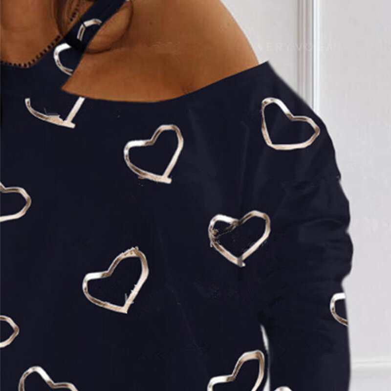 Suéter de un hombro para mujer, blusa de punto de manga larga, ahuecada, con estampado de corazón de amor, Sexy
