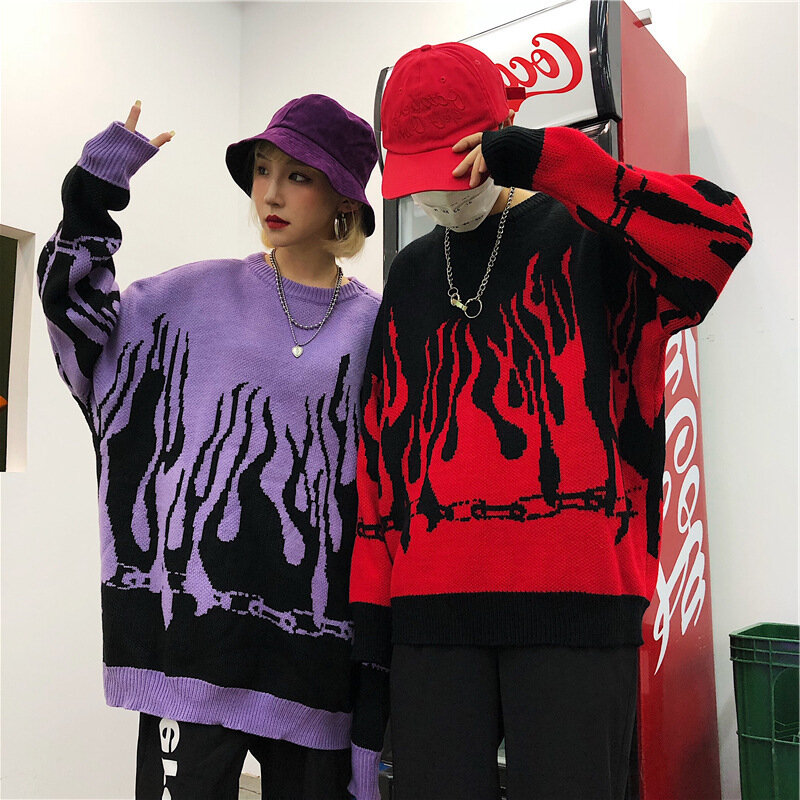 Suéter largo informal de punto con manga de murciélago para mujer, suéter Harajuku con estampado de llamas, jerséis holgados para novio, Otoño e Invierno