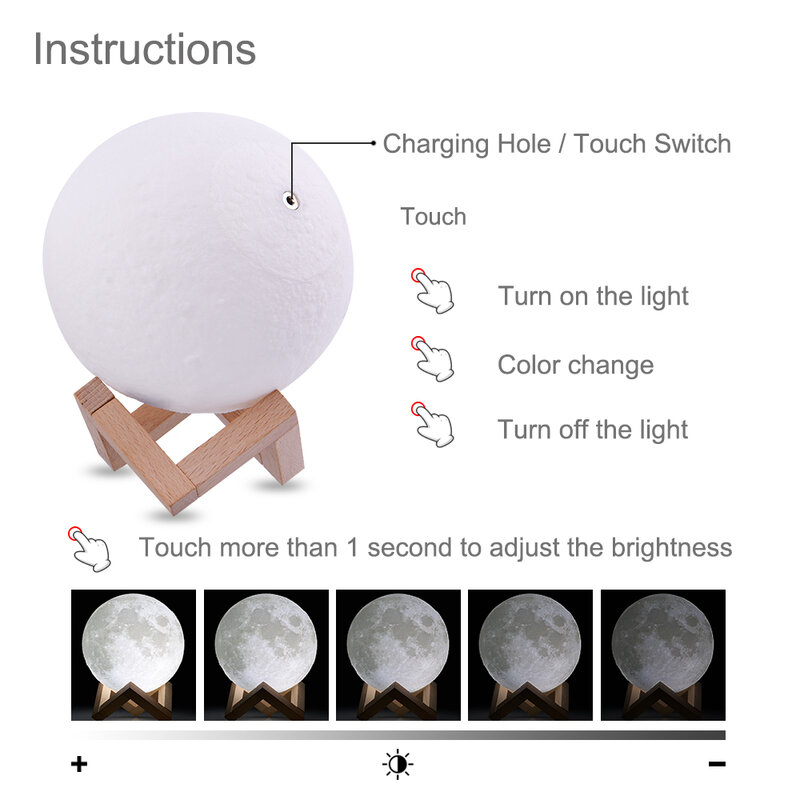 Rambery-Lámpara esférica 3D con estampado lunar, luz nocturna LED recargable con regulación de 3 tonalidades por pulsación, mando a distancia con opción de 16 colores, ideal para regalo