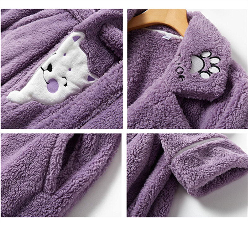 الشتاء الفانيلا رداء طويل المرأة لطيف القط كيمونو Bathrobe Robes ثوب النوم الدافئة الإناث فضفاضة Homewear روب للنوم