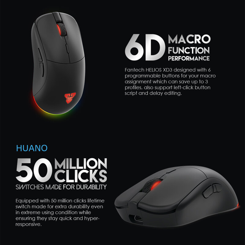 FANTECH XD3 Wireless Gaming mouse PIXART 3335 16000DPI 2.4G RGB Game Mice 6 Macro  Buttons 50 Million For LOL FPS Gamer M
