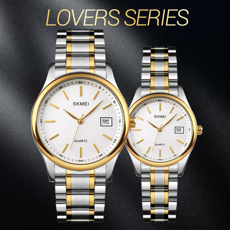 2020 ساعات الزوجين الجديدة موضة عاشق ساعة كوارتز SKMEI العلامة التجارية الفاخرة المقاوم للصدأ زوجين ساعة هدايا للرجال والنساء ساعة اليد