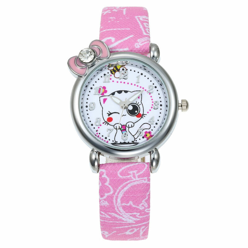 子供のためのピンクのアナログ時計,革とダイヤモンドのパターン,漫画のキャラクター