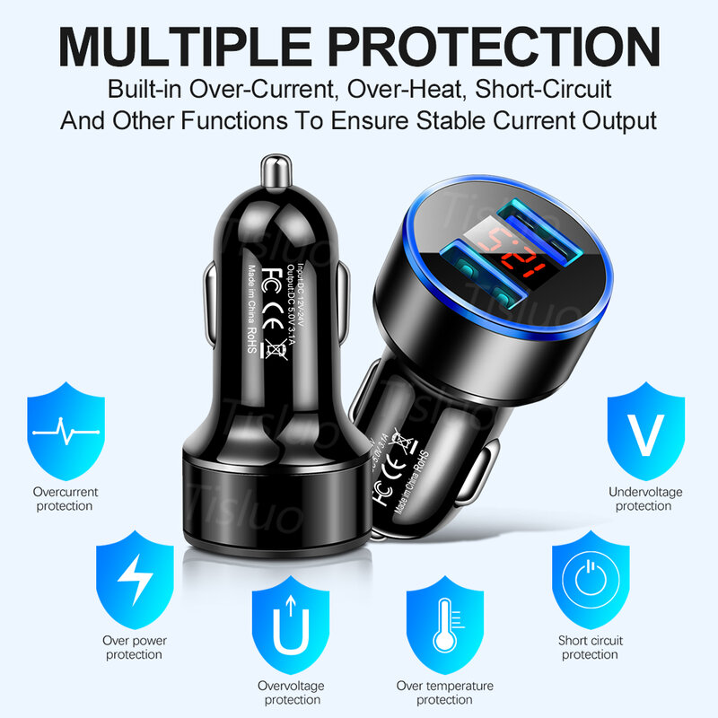 3.1A Dual Usb Car Charger Met Led Display Universele Mobiele Telefoon Auto-Oplader Voor Xiaomi Samsung S8 Iphone 6S 7 8 Plus 11 Tablet
