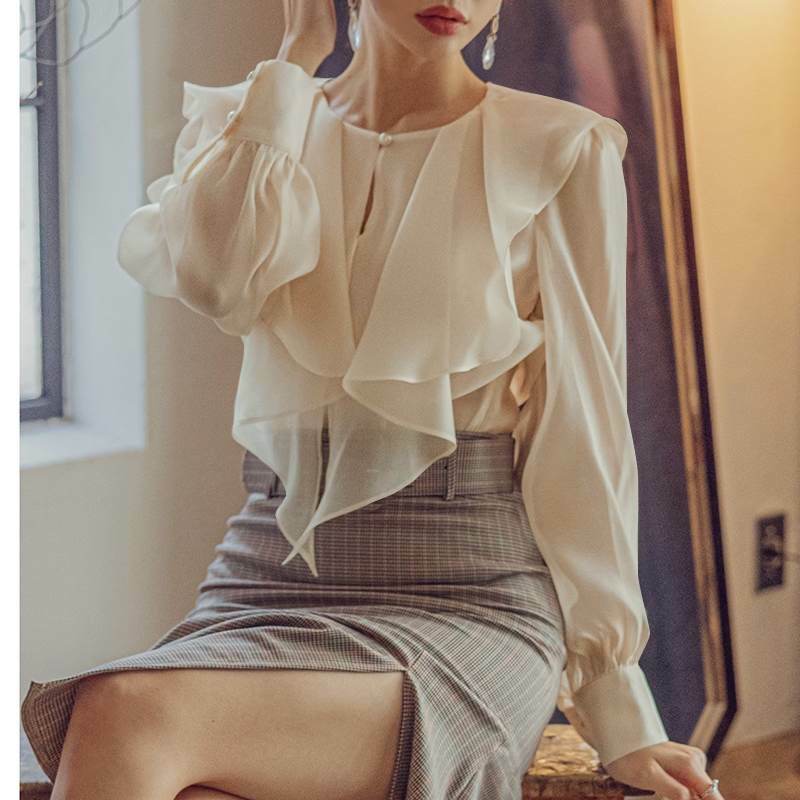 Vrouwen Lace Blouse Sexy Lange Mouwen Effen Kleur Geplooide Button Up Shirts Casual Tops 2021 Vonda Lady 'S Office Shirts femininas
