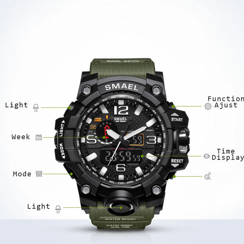 SMAEL Sport Uhren Dual Display 2021 Neue Mode Digtal Analog Uhr Military Armbanduhr Wasserdicht Luminous Alarm Uhr