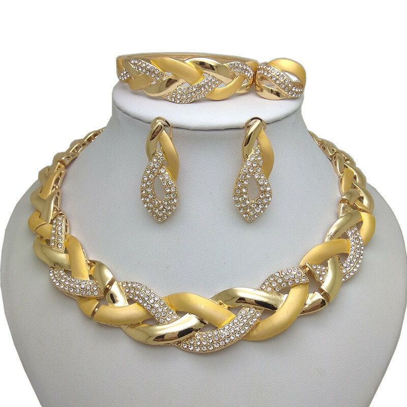 Raya Ma India Anting-Anting Kalung Cincin Gelang Set untuk Wanita Hadiah Afrika Pengantin Pernikahan Hadiah Perhiasan Set Emas Warna Besar set