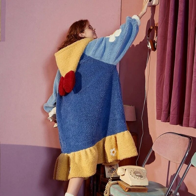 Pakaian Tidur Wanita Musim Dingin Bulu Domba Hangat Warna Karang Putri Salju Baju Tidur Piyama Kartun Lucu Kawaii Pakaian Rumah Jubah Mandi Piyama Wanita