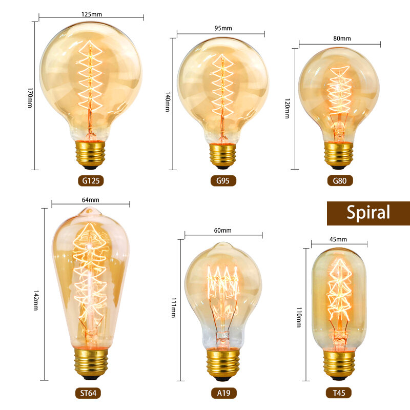 LARZI – Ampoule rétro Edison, Vintage, lampe à filaments, E27, 220V, 40W, A19, A60, ST64, T10, T45, T185, G80, G95