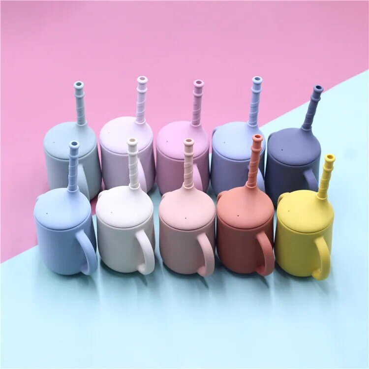 Baby Silicone Straw Drinking Cups With Handle Sippy Bpa Free Children's Learning Training Drinkware Food Grade Kids Water Cup