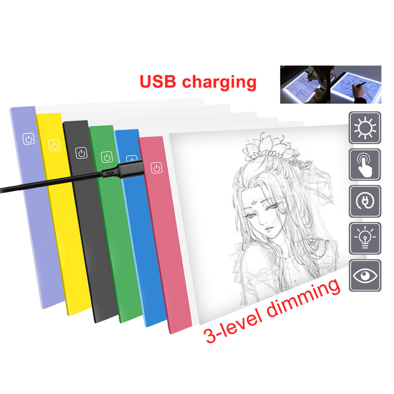 A5 USB 전원 초박형 LED 드로잉 보드 Aritist 문신 스텐실 보드, 라이트 박스 트레이싱 드로잉 패드 테이블 3 레벨 디밍
