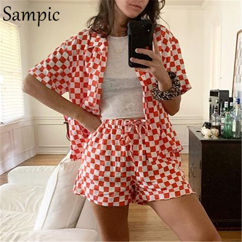 Sampic casual correspondência verão xadrez floral define feminino agasalho solto camisa topos e mini shorts duas peças conjunto lounge wear 2021