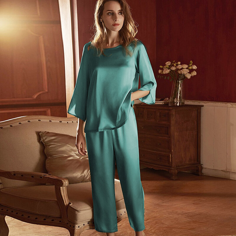 Hiloc-Conjunto de pijama de manga tres cuartos para mujer, ropa de dormir morada con cuello redondo, pantalones sencillos de satén para el hogar, 2022
