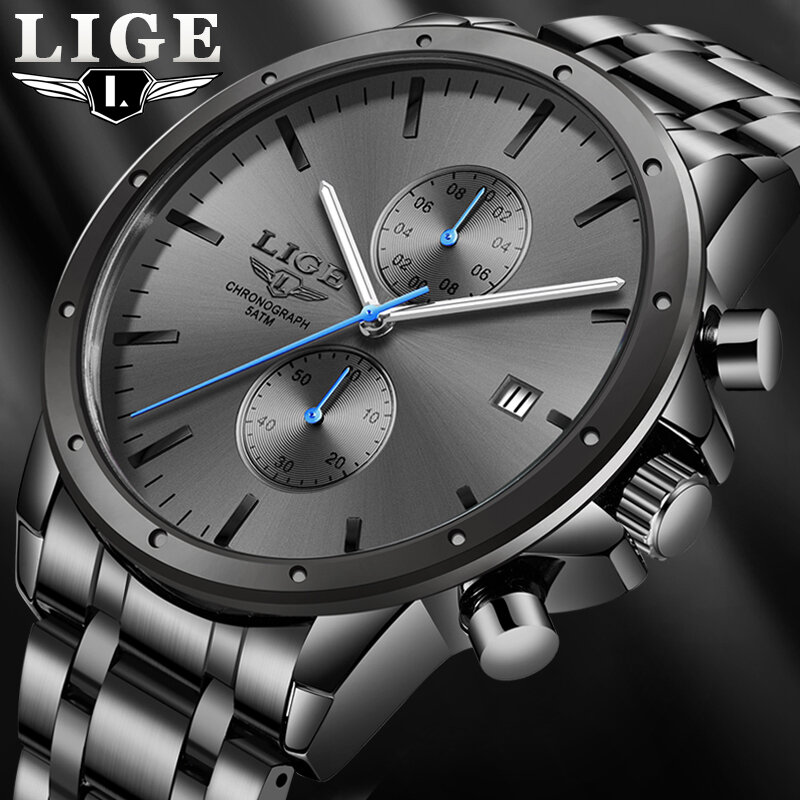 새로운 LIGE 탑 브랜드 럭셔리 패션 남성 시계 스테인레스 스틸 크로노 그래프 쿼츠 시계 남성 스포츠 남성 시계 Relogio Masculino