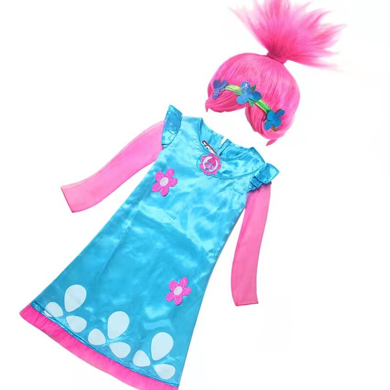 Crianças trajes meninas vestidos trolls papoula traje vestido para meninas trajes de halloween para crianças carnaval fantasia vestido
