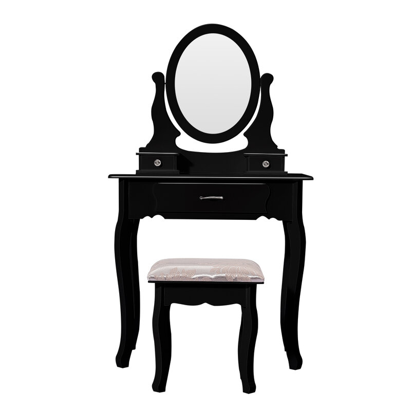 Toaletka do makijażu Retro z litego drewna sosnowego ze stołkiem, 5 schowków, rzeźbione szuflady, regulowane lustra, w stylu Retro, biały/czarny