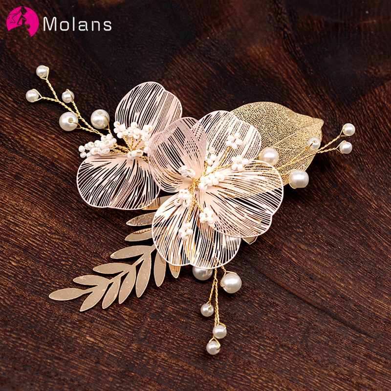 Molans New Golden Silver Color Pearl Wedding Hair Clips Hair Accessories for Bridal Flower Leaves Headpiece Women Bride Hairpins