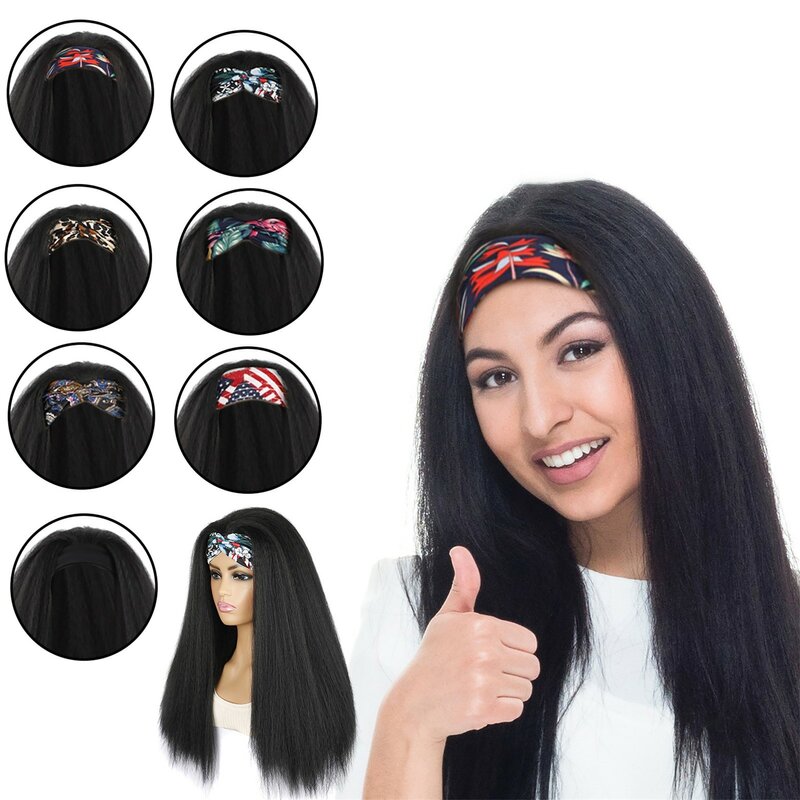 Wig Ikat Kepala Lurus 17,7in/45Cm untuk Wanita Kulit Hitam Wig Lurus Panjang dengan Ikat Kepala Hitam Wig Sintetis Ikat Kepala Hitam Modis