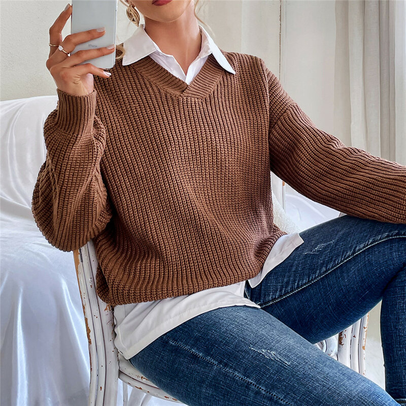Женский Повседневный свитер CHYAOWU, свободные прямые вязаные пуловеры цвета хаки с V-образным вырезом и длинным рукавом, Осень-зима 2021